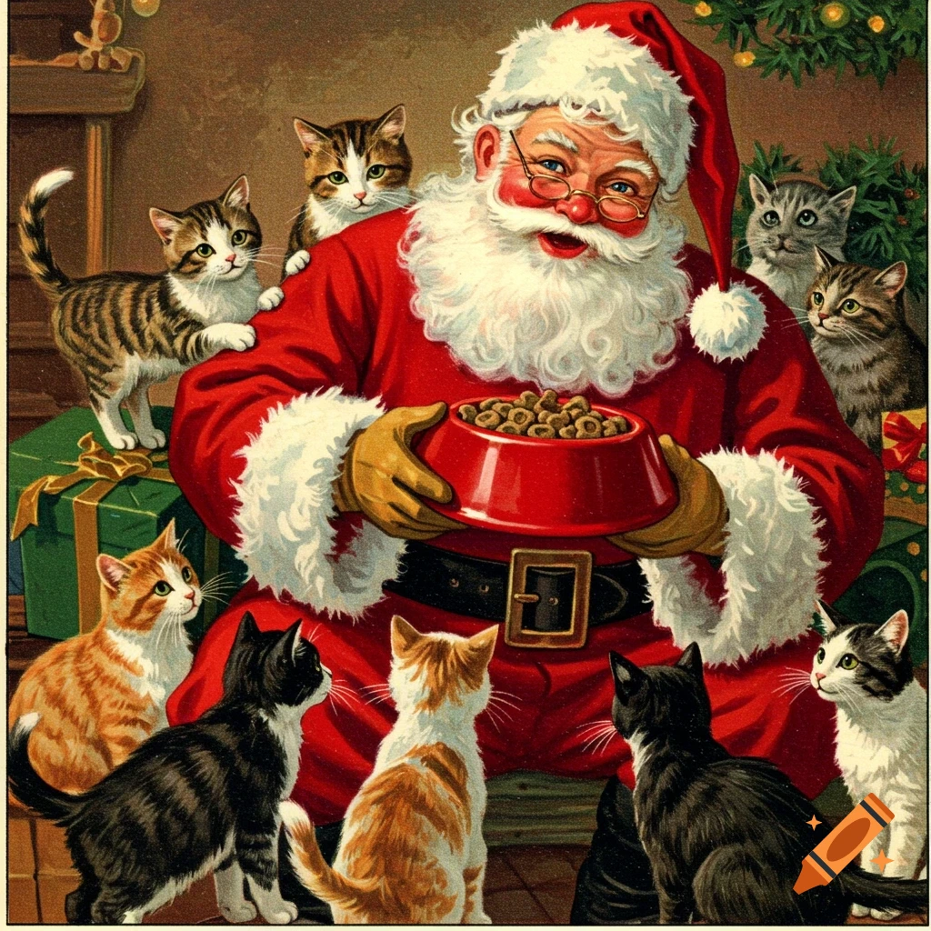 Vintage illustration of Santa Claus feeding a bowl of treats to many cats at Christmas.