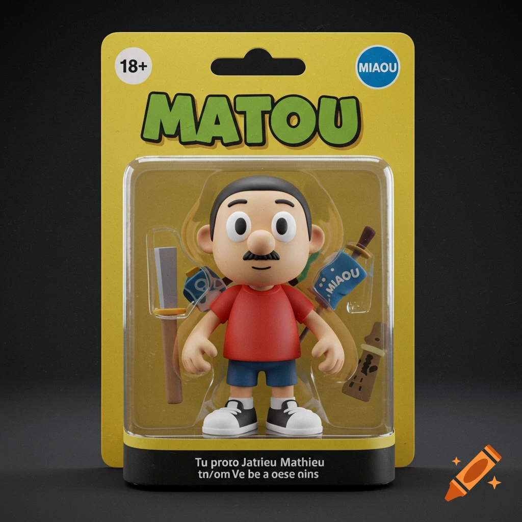 A 3D render of a cartoon action figure in yellow blister packaging.