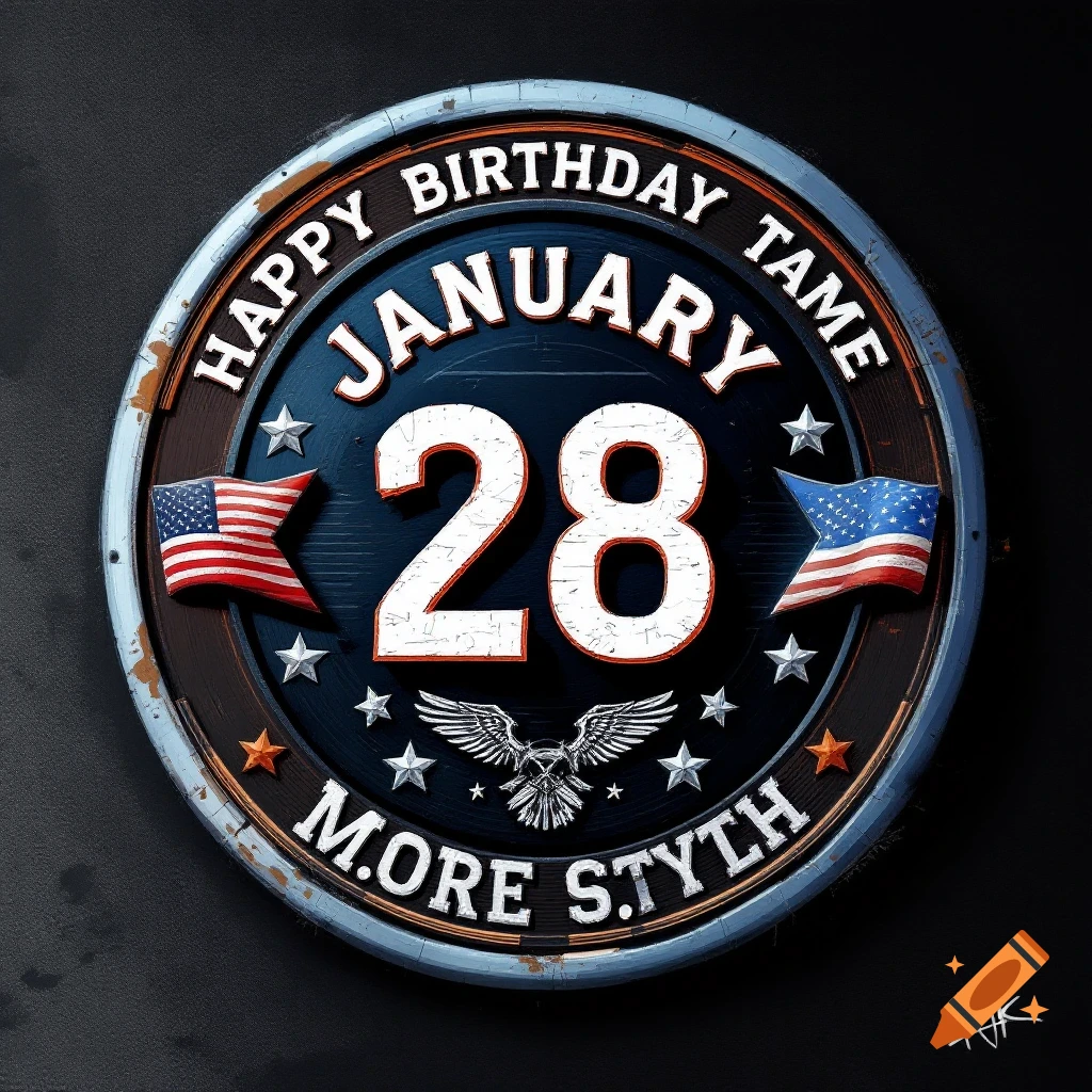 A circular motorcycle patch with 'Happy Birthday', 'January 28', American flags, stars, and an eagle design.