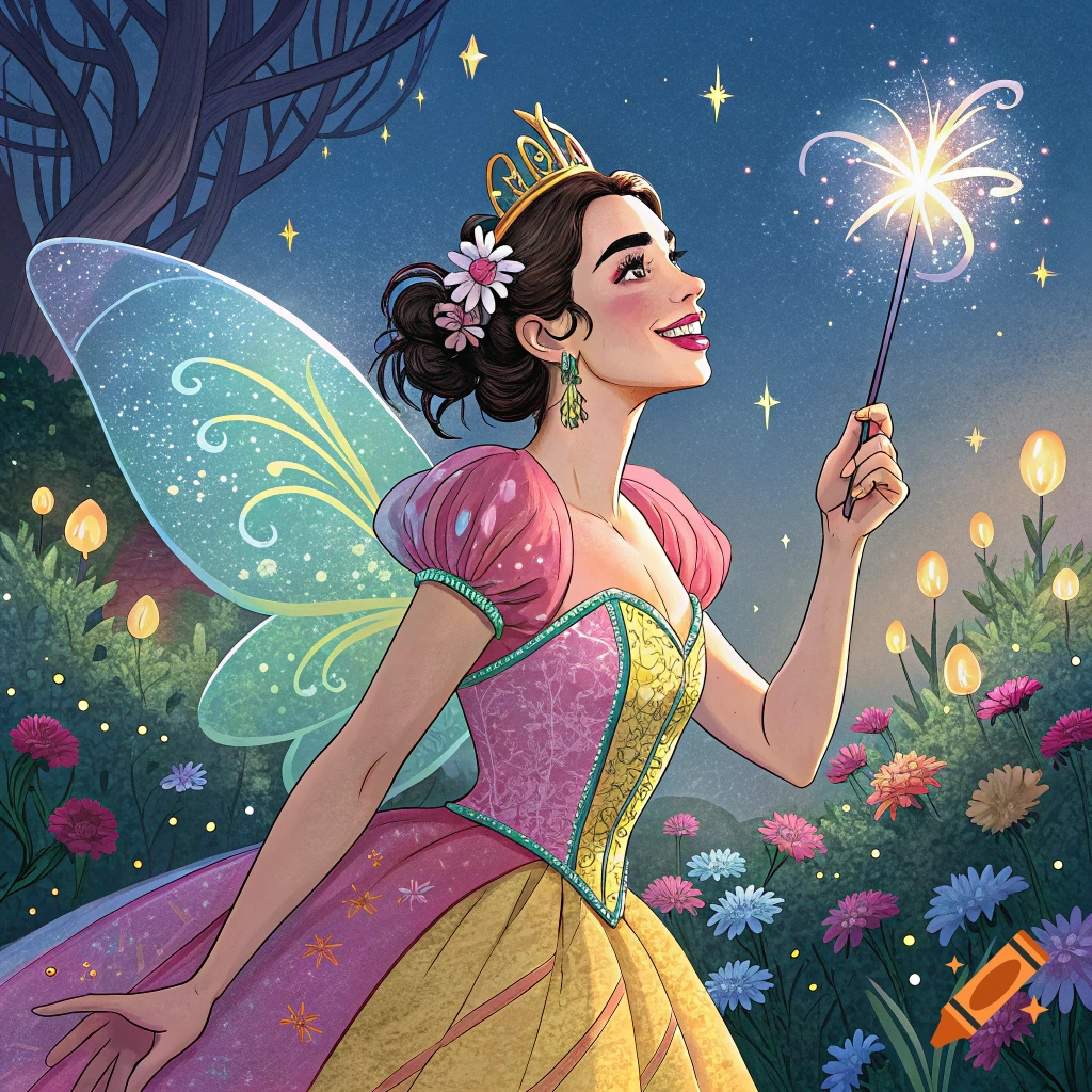 An illustration of a fairy princess in a glowing garden holding a magic wand.