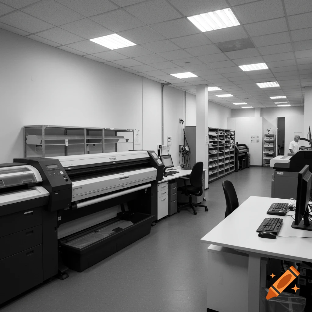 Black and white photo of a modern printing office with large format printers, desks, and shelves.