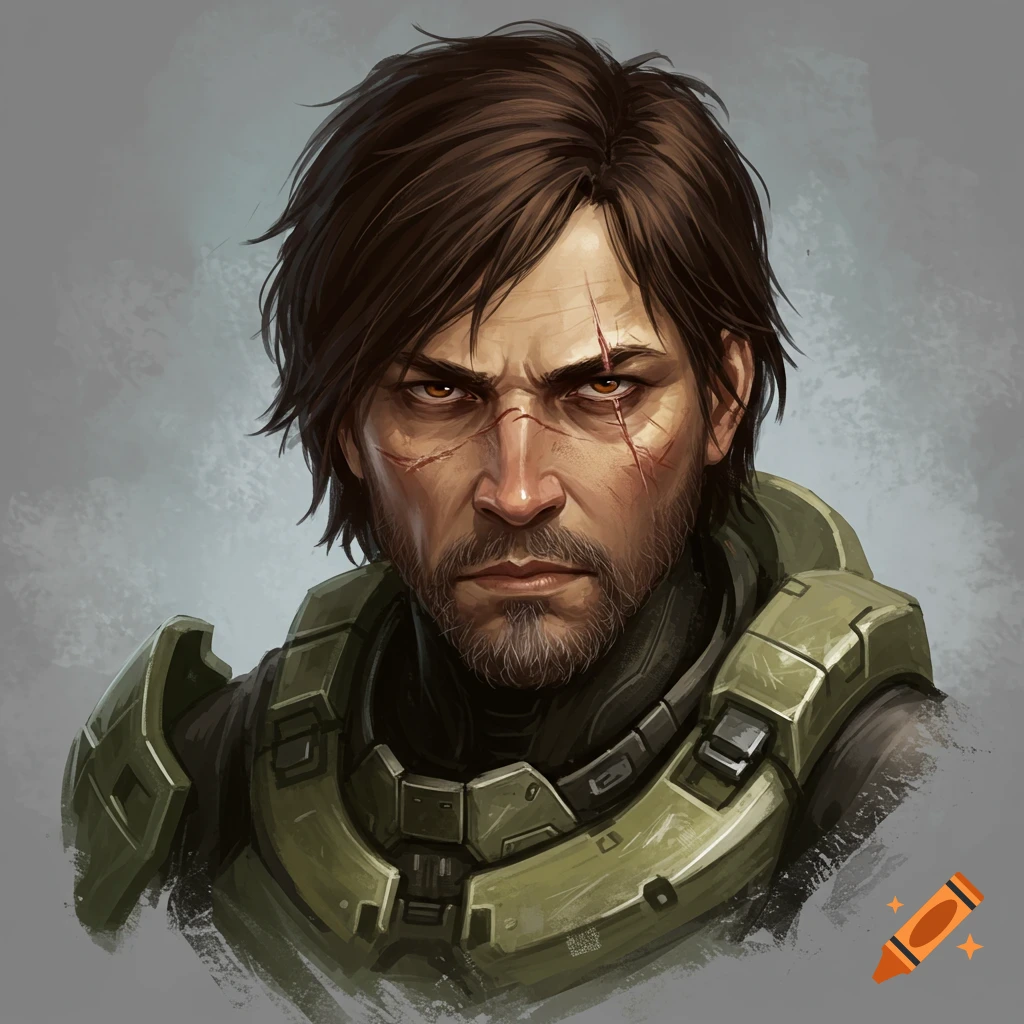 A man in futuristic armor with scars on his face.