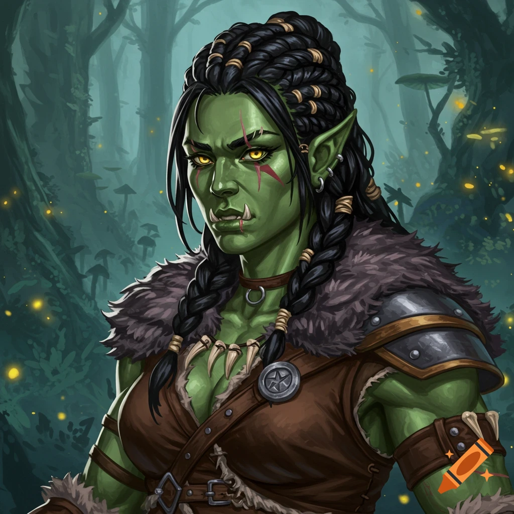 A female half-orc barbarian with green skin and braided hair in a forest.