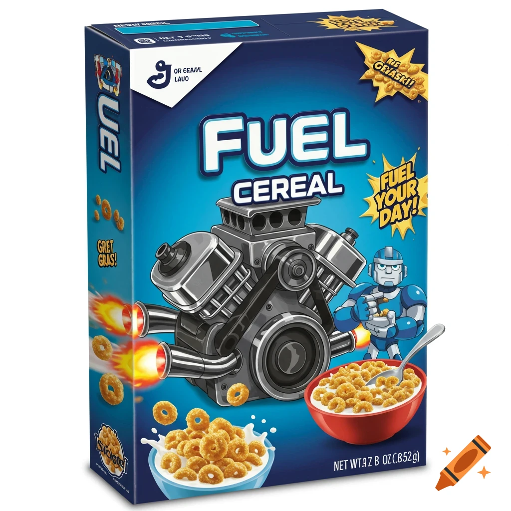Digital illustration of a cereal box for 'FUEL CEREAL' featuring a chrome engine and a robot character.
