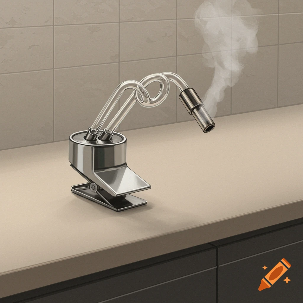 A futuristic metal kitchen gadget with a glass tube emitting steam is on a counter.
