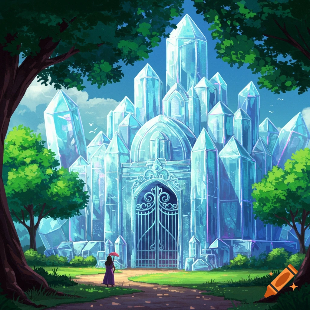 Person looking at a large crystal castle surrounded by trees