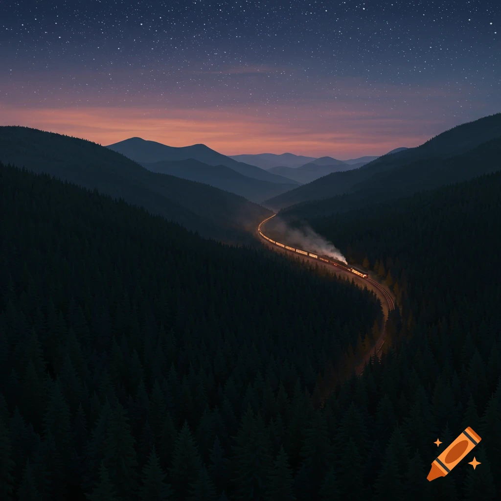 A long train with steam winds through a dark mountain forest valley under a starry night sky.