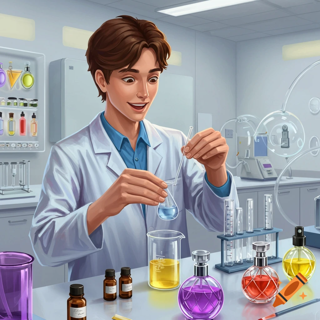 A young person in a lab coat mixes chemicals in a beaker, with perfume bottles on a table nearby.