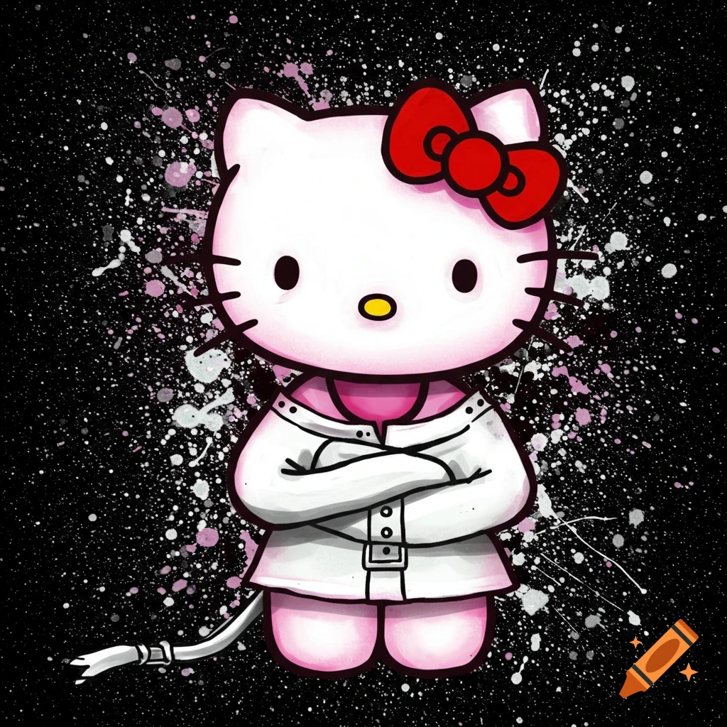 Cartoon character resembling Hello Kitty in a straitjacket against a black background with pink and white paint splatters. Digital art.