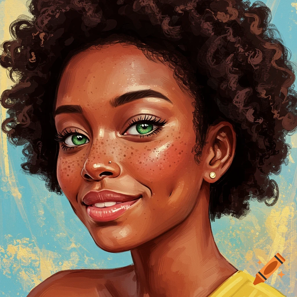 A young Black woman with curly hair, green eyes, freckles, and dimples.