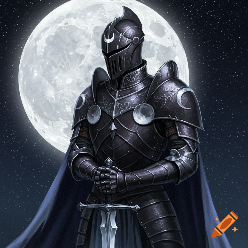 A knight in black armor with moon symbols, holding a sword against a full moon and starry sky.