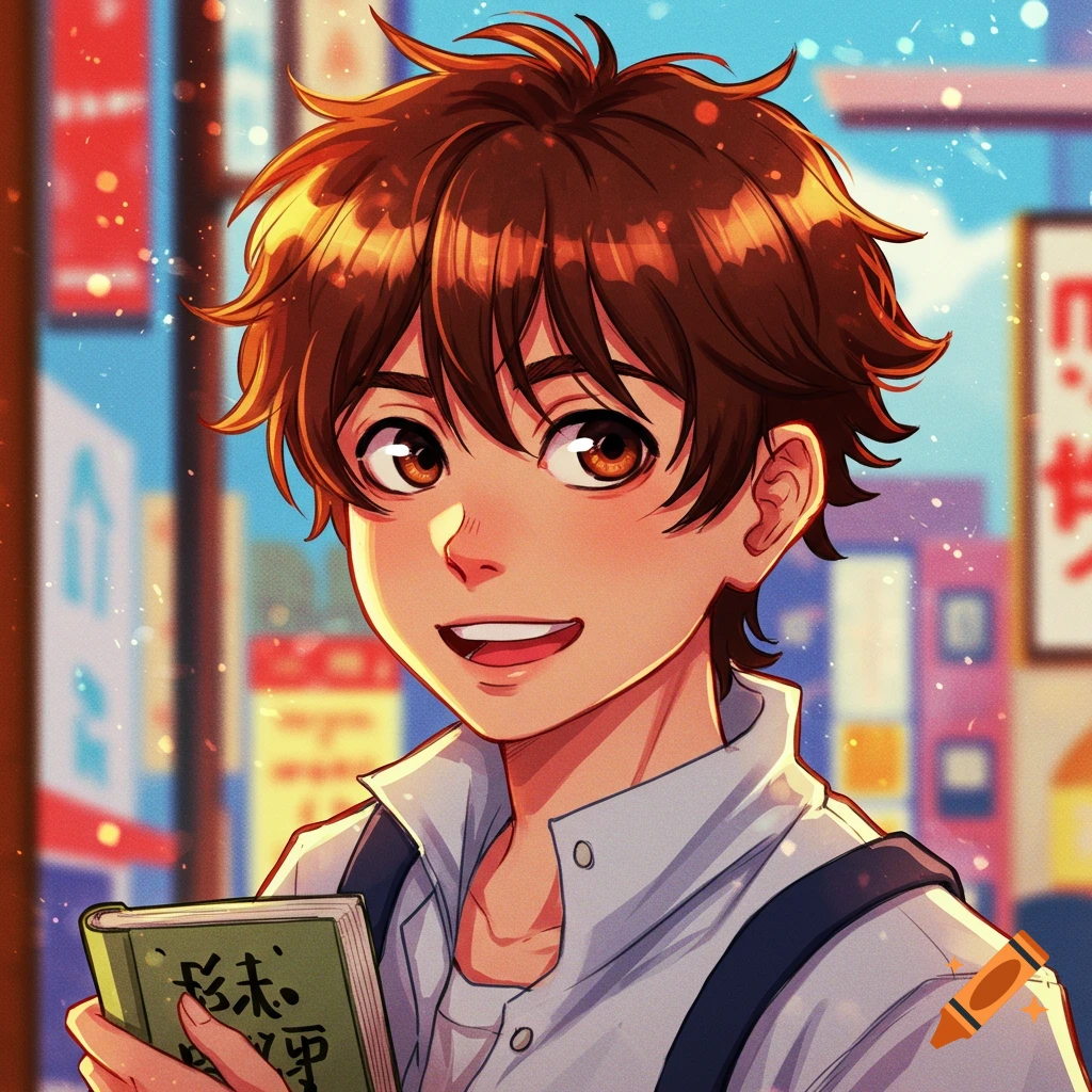 Anime boy smiling and holding a book in a city.