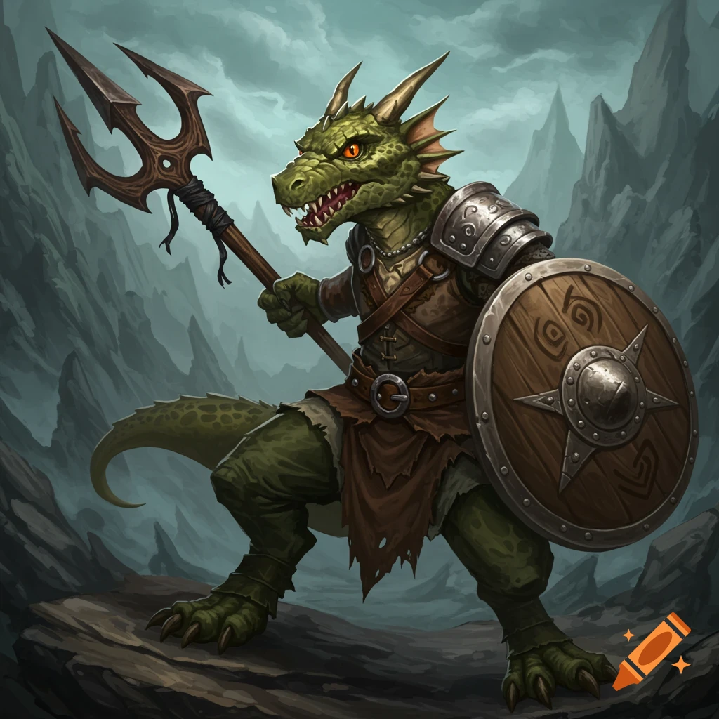 A green kobold warrior with a trident and shield stands in a rocky landscape.