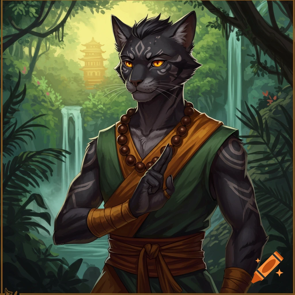 A black fur Tabaxi monk is posing in a jungle setting with a temple and waterfall.