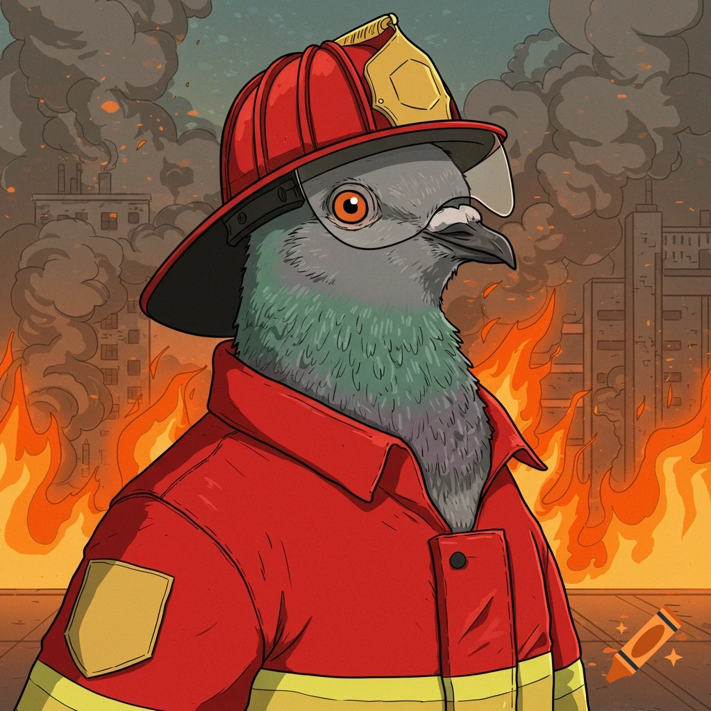 Illustration of a pigeon wearing a red firefighter uniform and helmet, standing in front of a city skyline engulfed in flames and smoke.