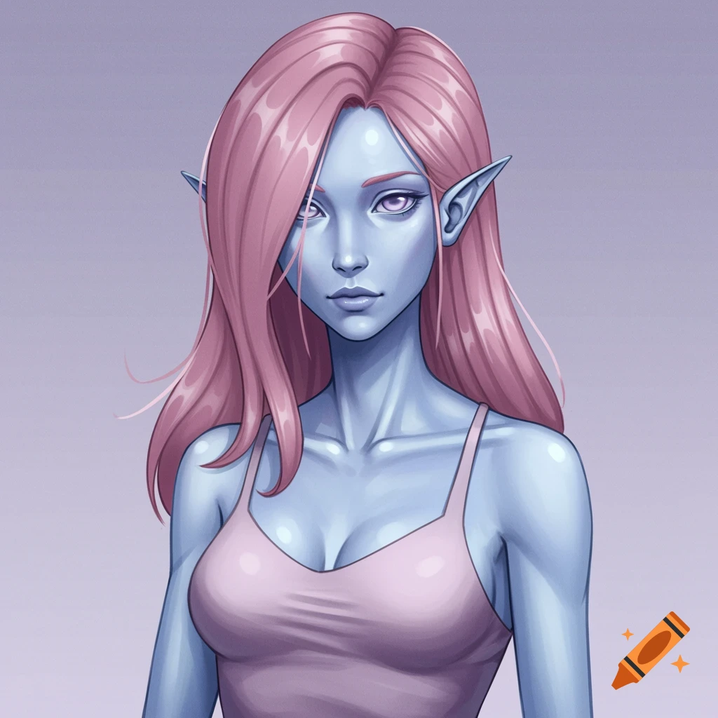 Illustrated anime style character with blue skin, pink hair, and elf ears