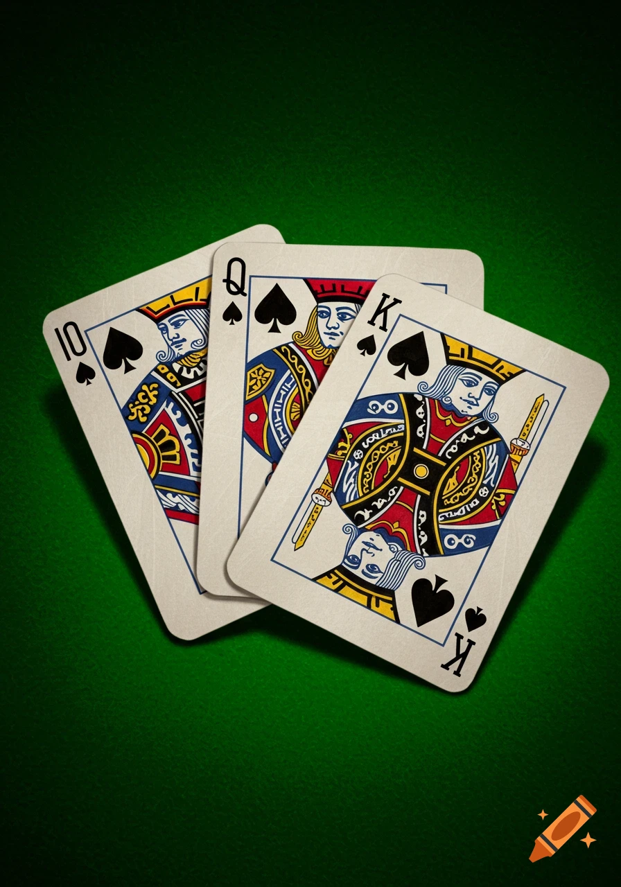 Playing cards (10, Queen, King of Spades) on green felt.