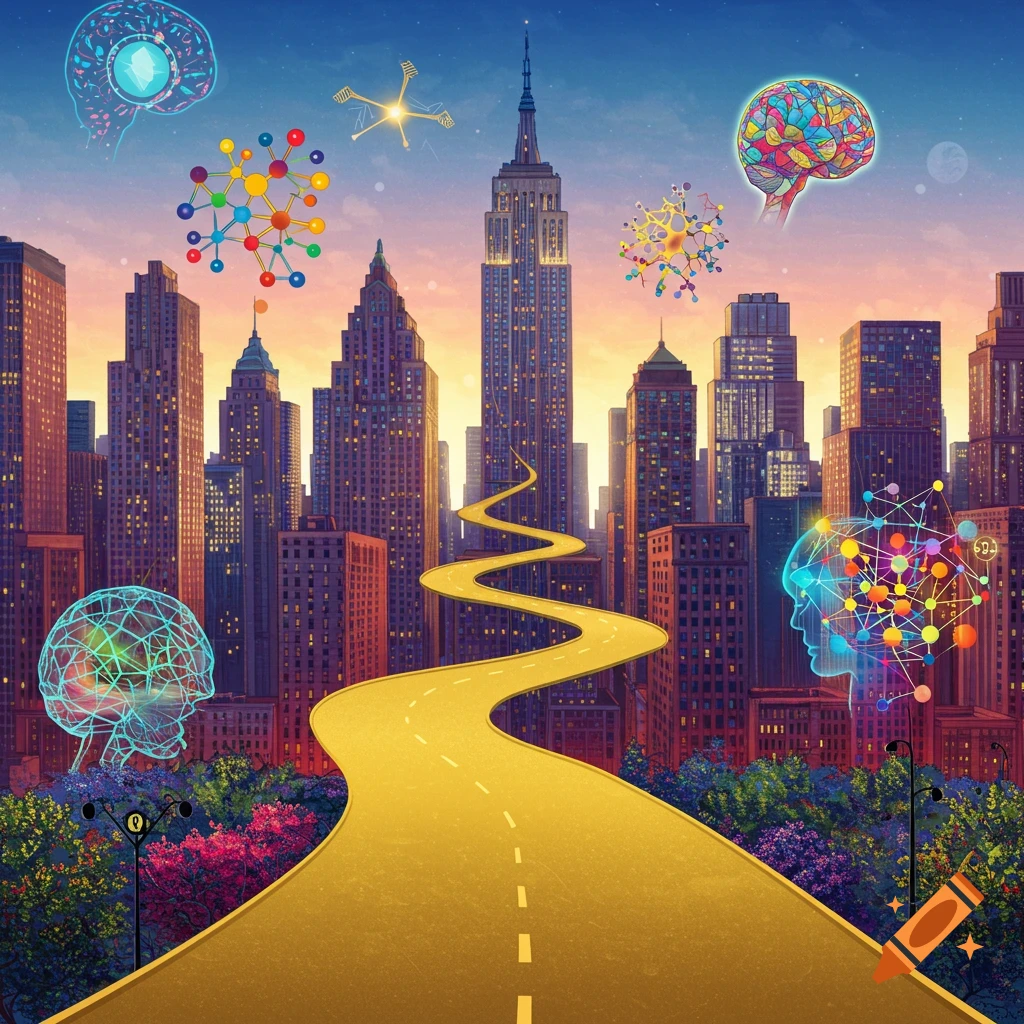 Stylized city skyline at sunset with a winding golden road and floating science symbols.