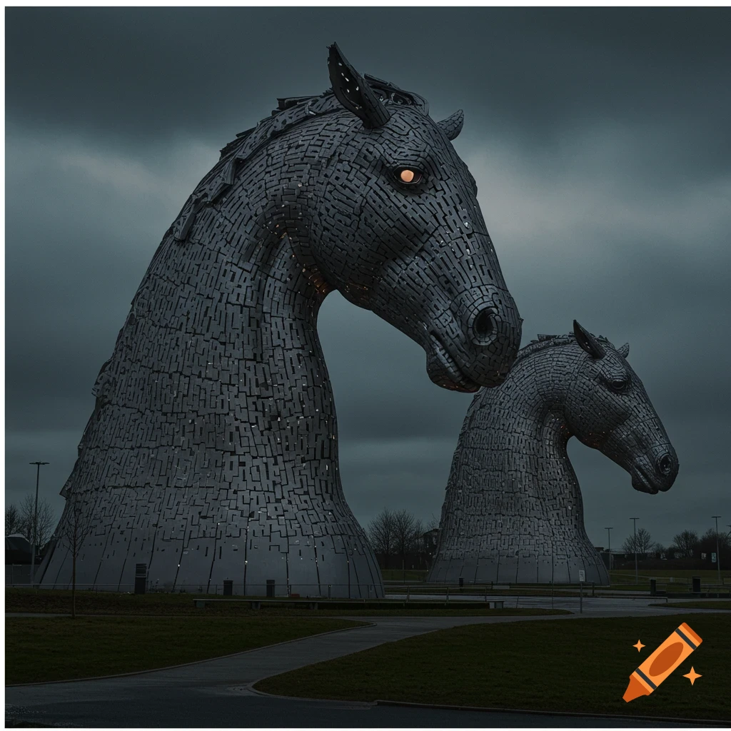 Large, modern horse head sculptures under a dramatic cloudy sky