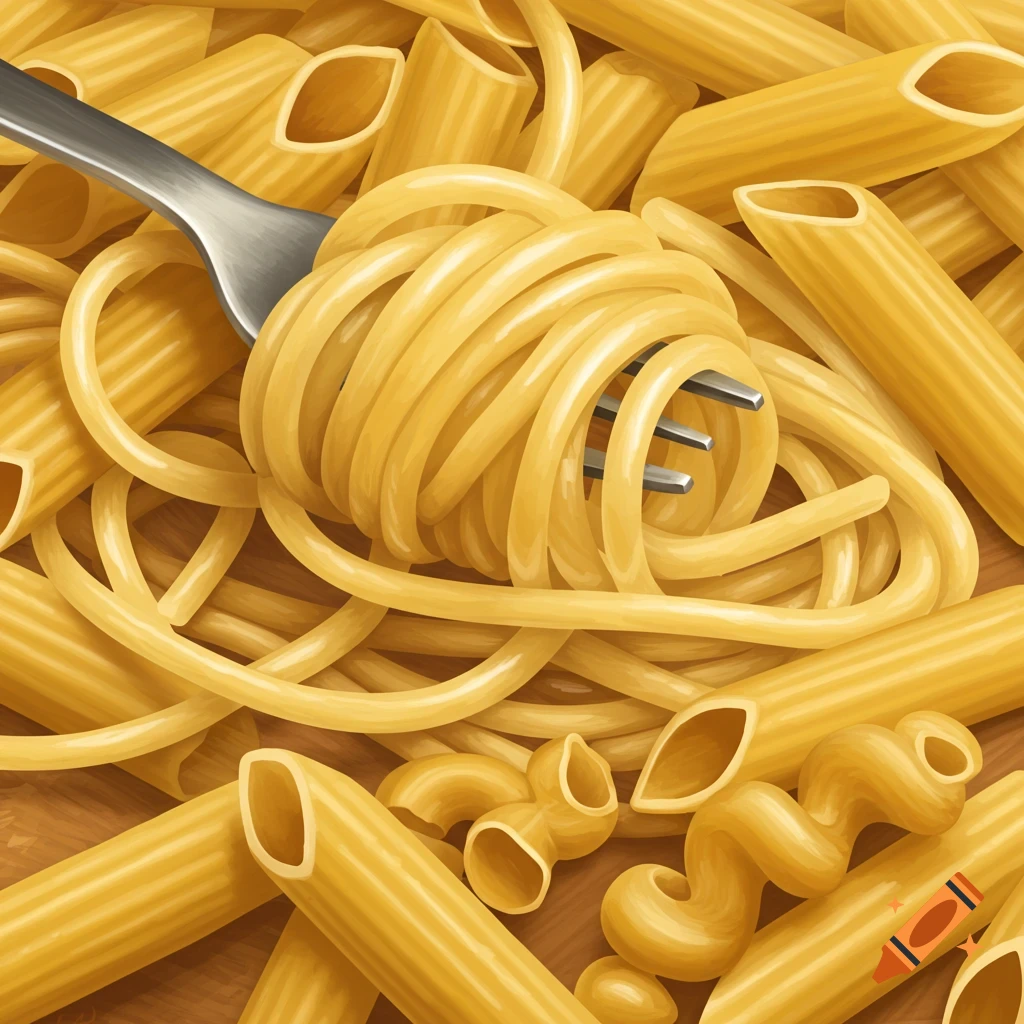 A fork lifting spaghetti over penne and cavatappi pasta.