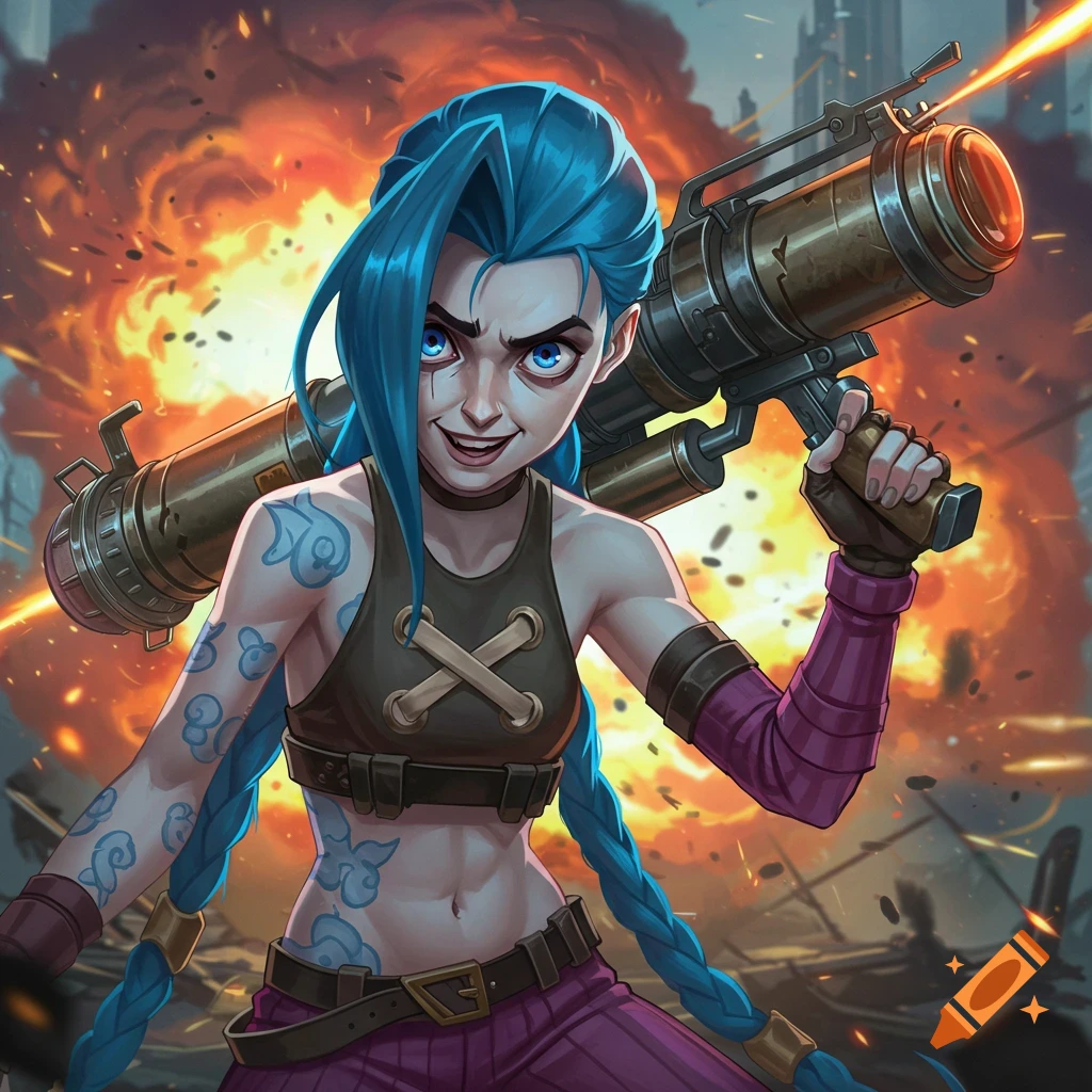 Jinx holds her rocket launcher in front of a fiery explosion.