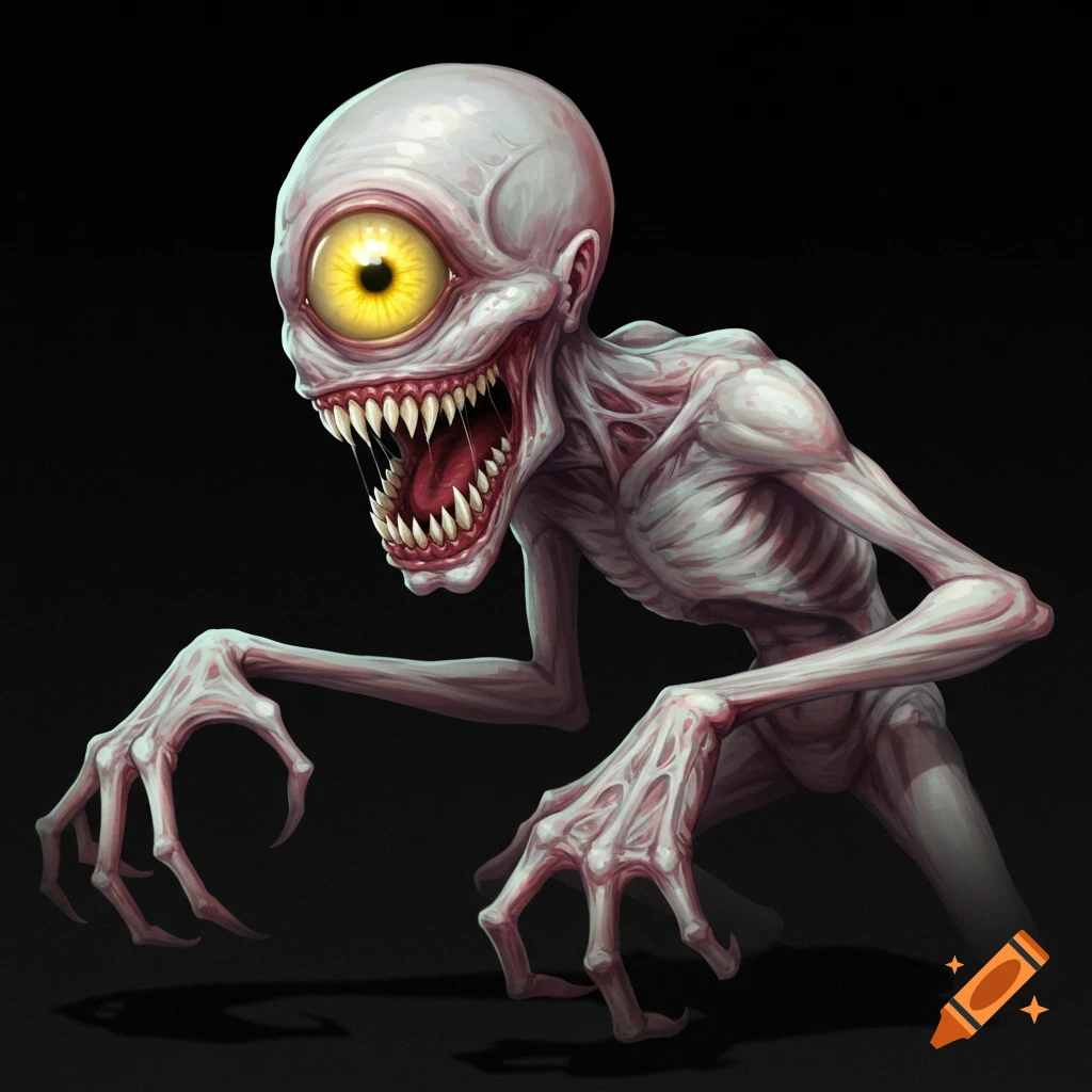 A pale, gangly creature with one large yellow eye and sharp teeth.