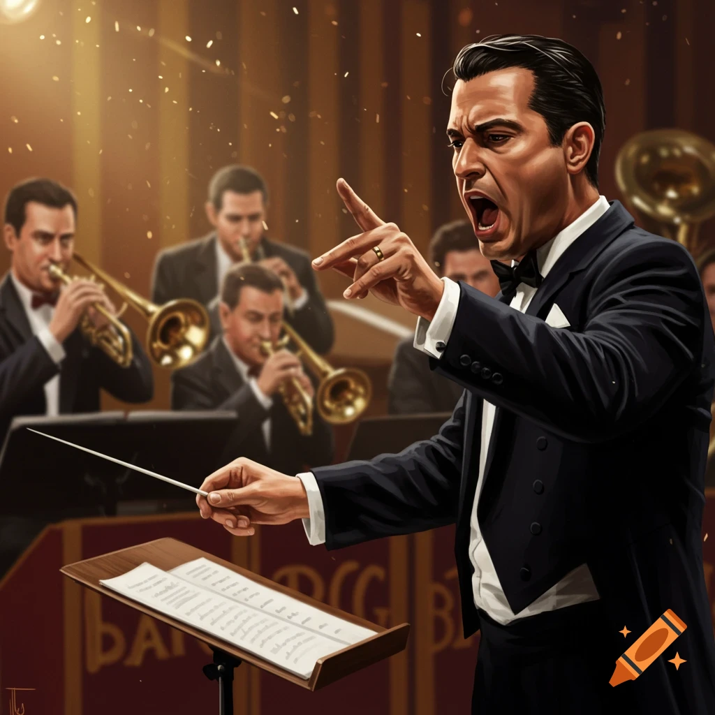 A band conductor leading a big band on stage.