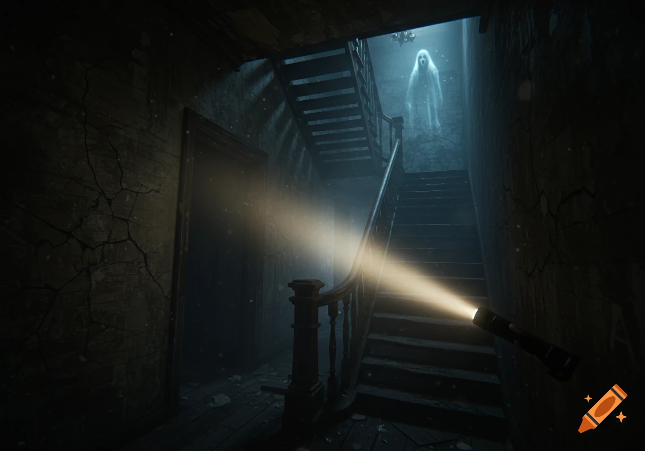 First-person view up a dark staircase in a haunted house with a flashlight beam showing a ghost at the top.