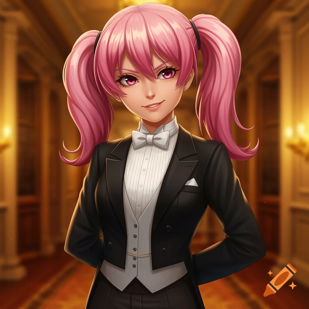 Anime girl with pink twintails in a black tuxedo stands in a mansion hallway.