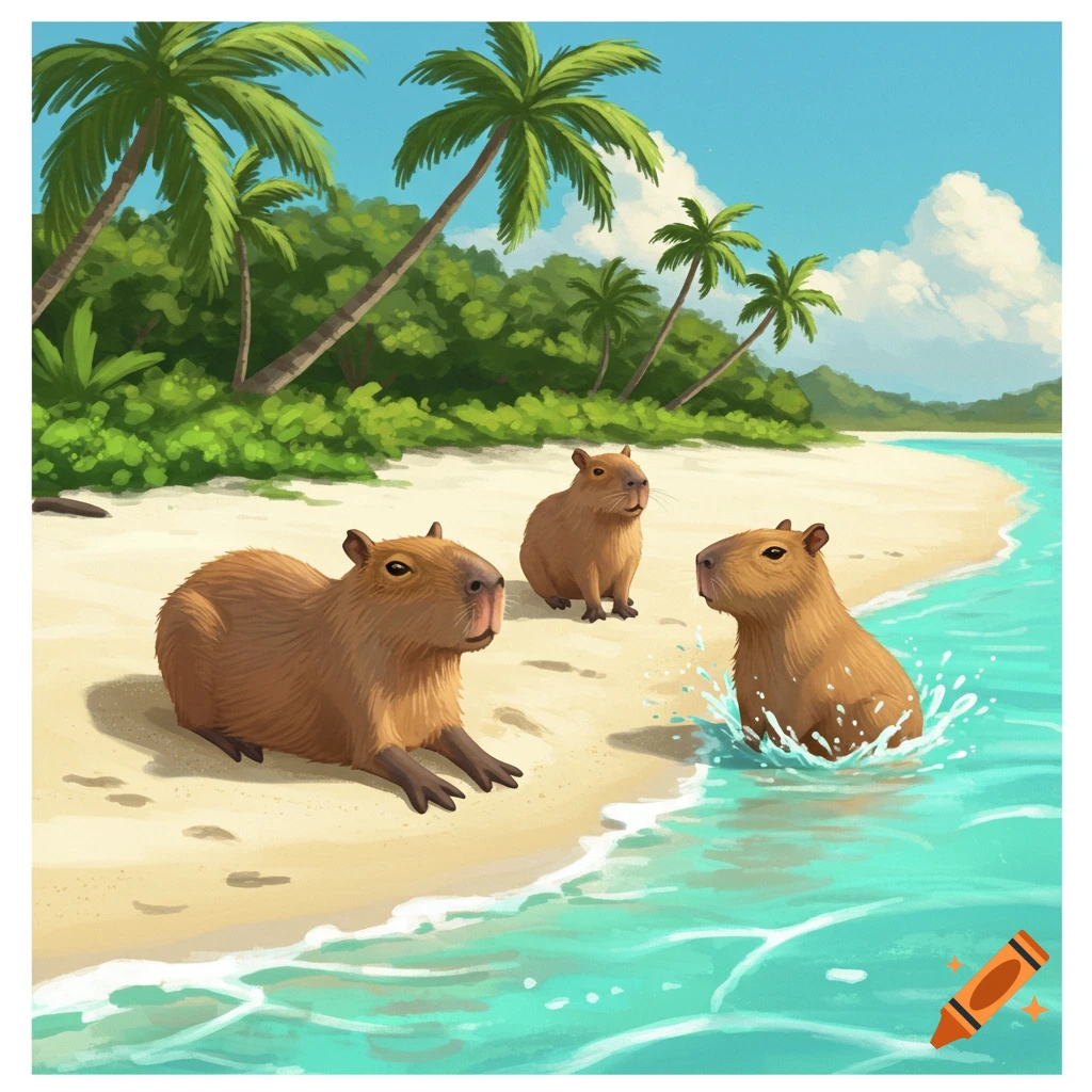 Three capybaras relaxing on a tropical beach with palm trees and waves.