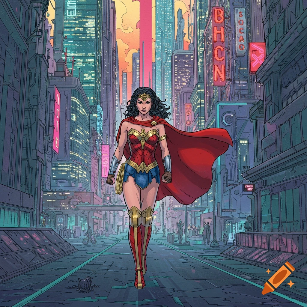 Wonder Woman walks through a futuristic city street.