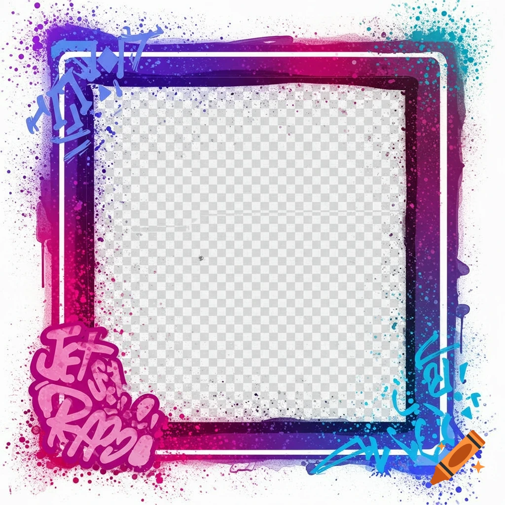 Graffiti style square frame with purple, pink, and blue gradient and paint splatters. Transparent center.