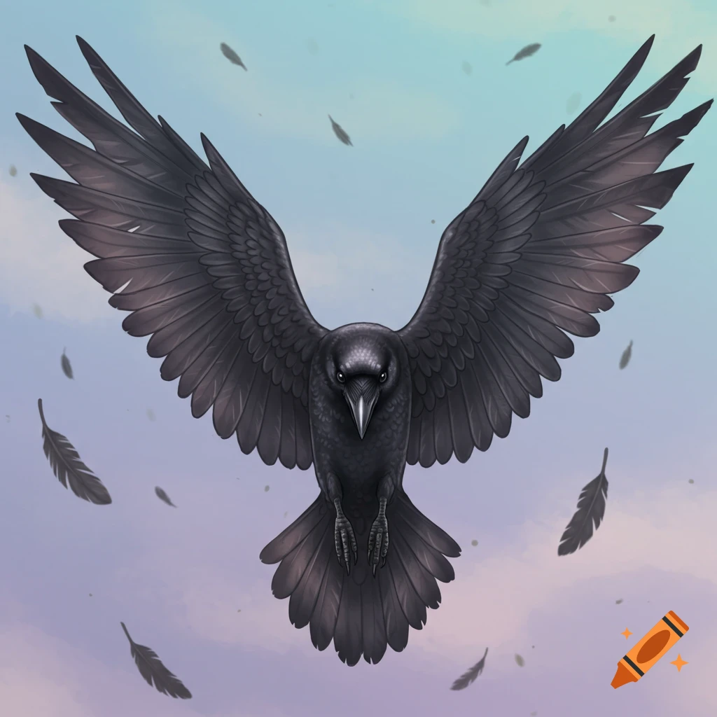 A black crow flies with wings spread, seen from above.