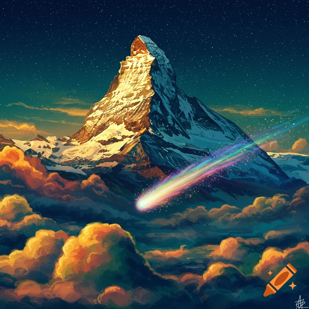 A mountain peak at night under a starry sky, with colorful clouds and a bright comet.