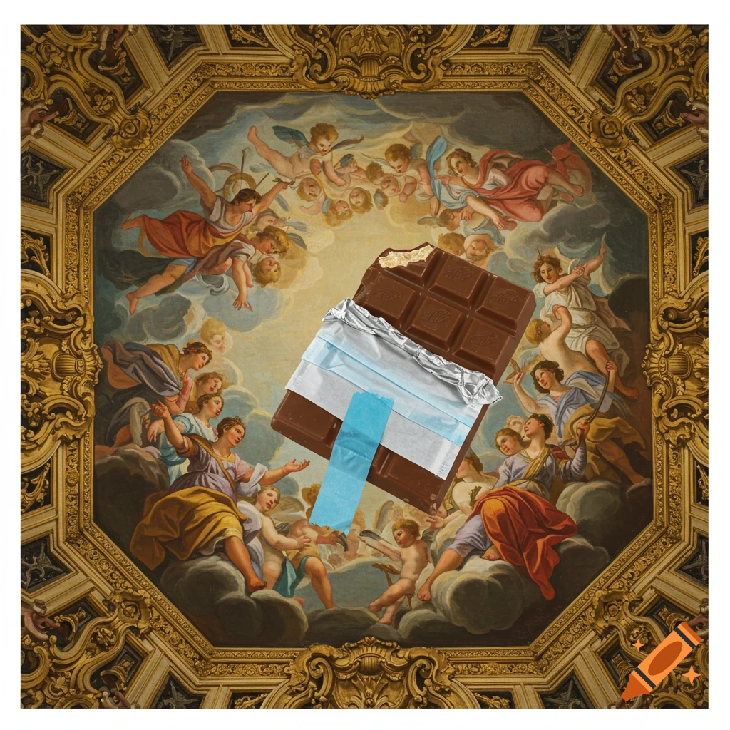 Chocolate bar with blue tape over Baroque painting of figures and cherubs