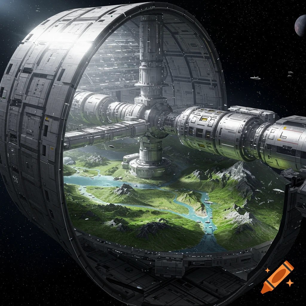 Large O'Neill cylinder space station in outer space, showing a lush green landscape with mountains and rivers inside.