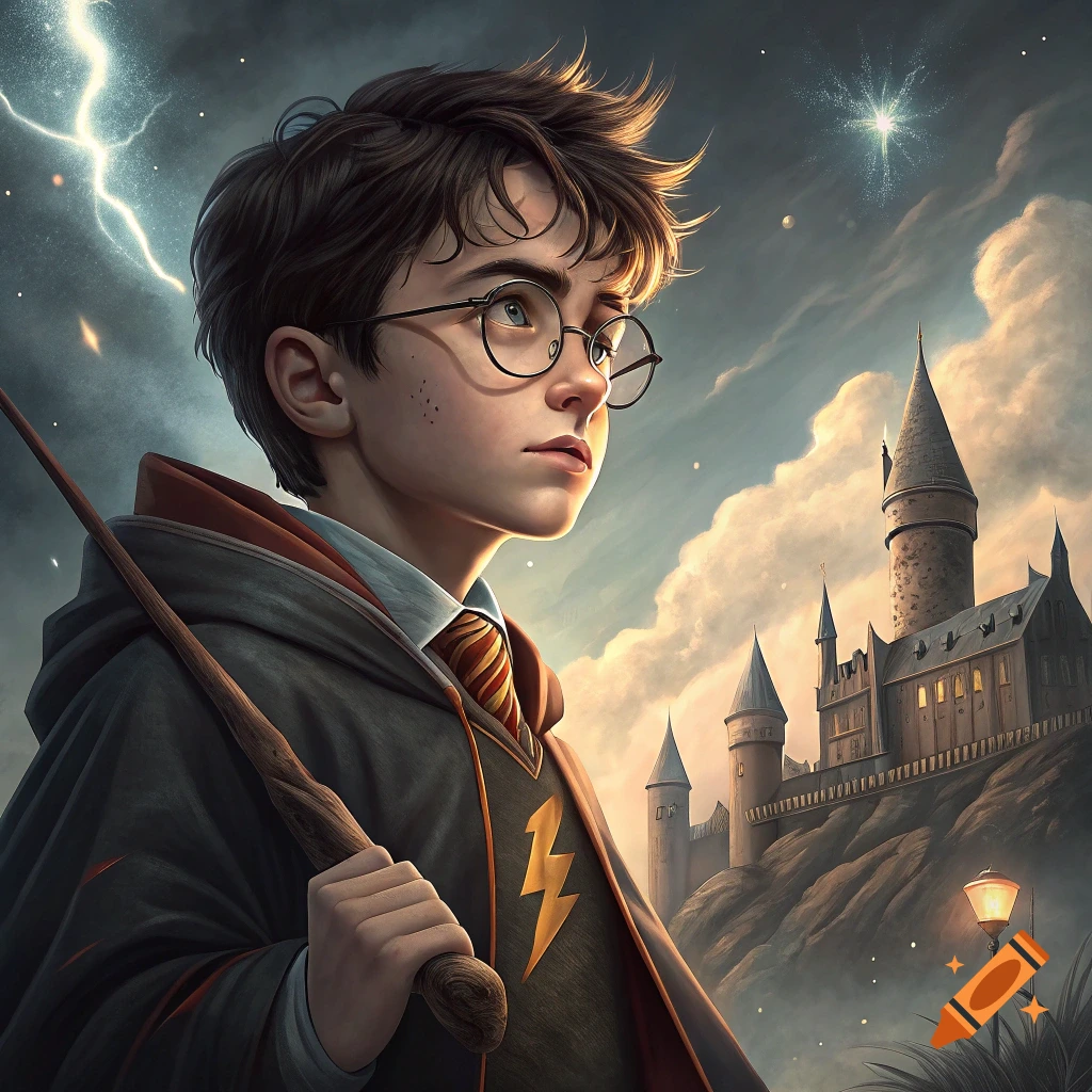 Illustration of a young boy with glasses and a wand standing before a castle under a stormy, starry sky.