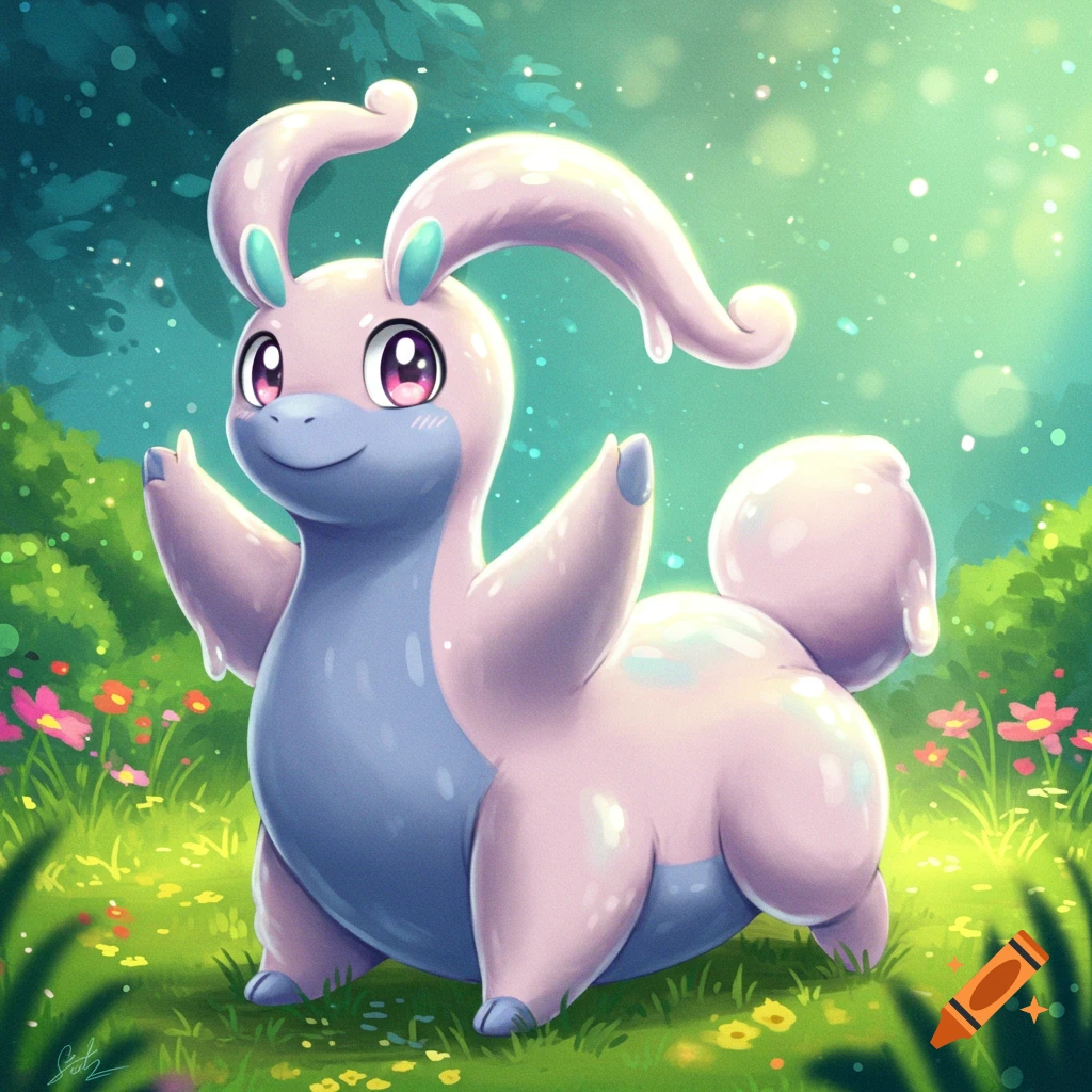 A cute chubby Goodra Pok
mons stands in a forest clearing with flowers.