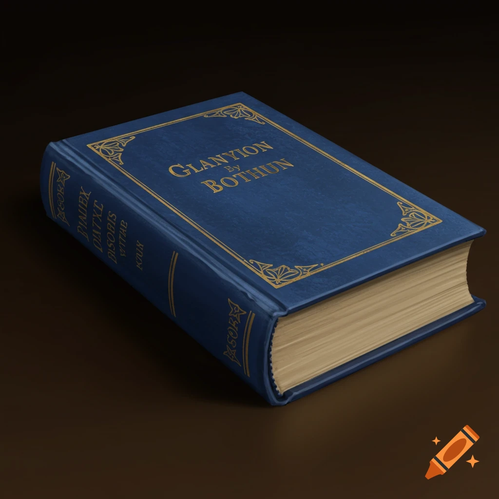 A blue book with gold lettering on a dark background.