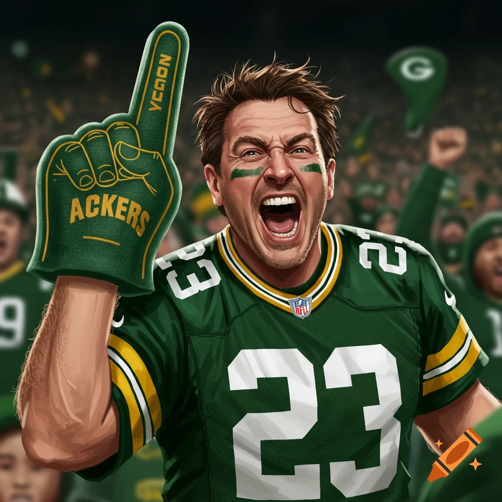 An angry football fan in a green jersey holds up a foam finger in a crowded stadium.
