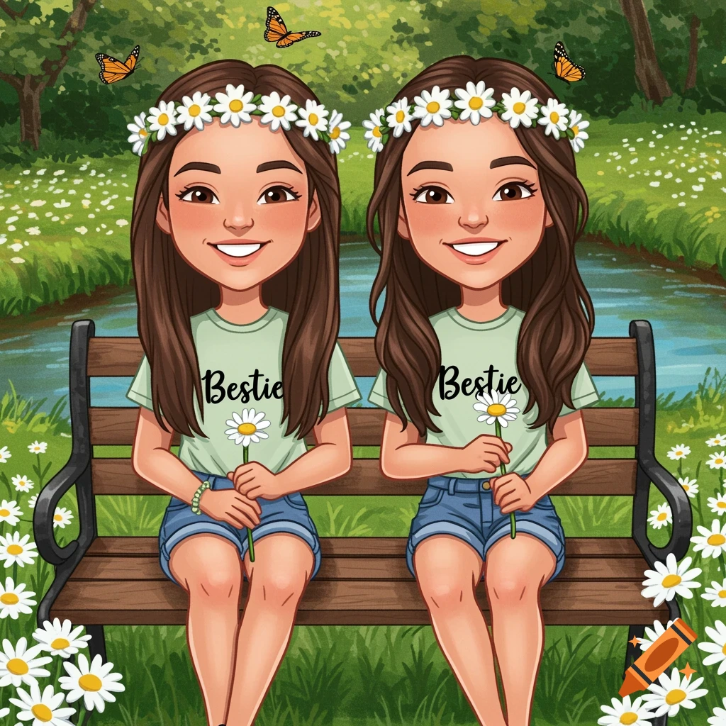 Cartoon image of two girls with daisy crowns and shirts saying Bestie sitting on a bench in a field of daisies with butterflies.
