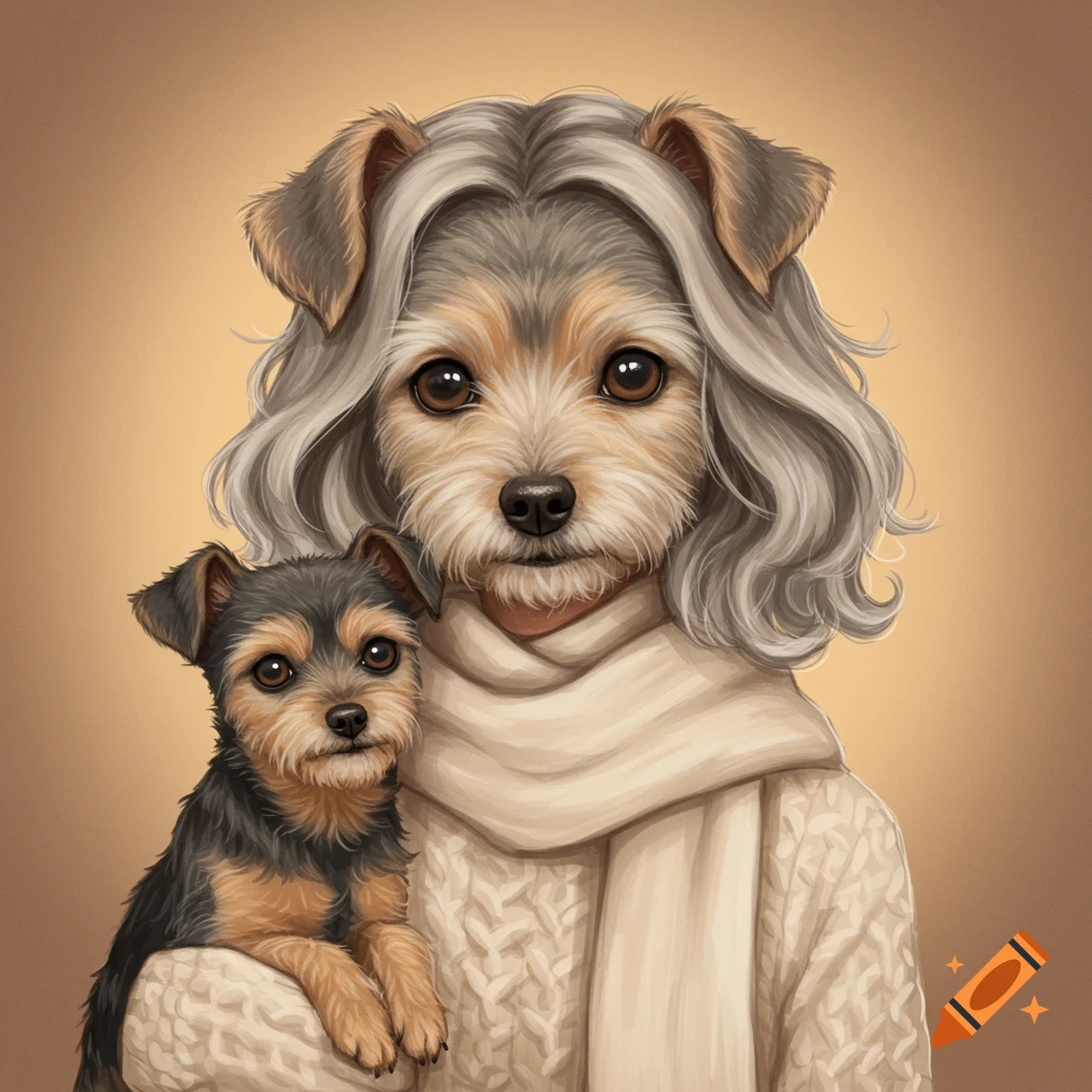 A large dog with grey hair and a sweater is holding a small puppy