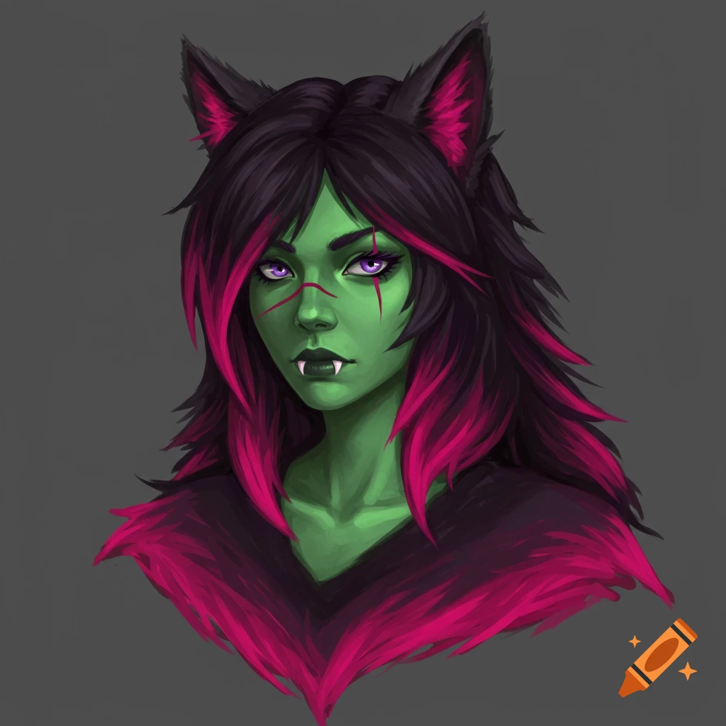 a green-skinned woman with wolf ears