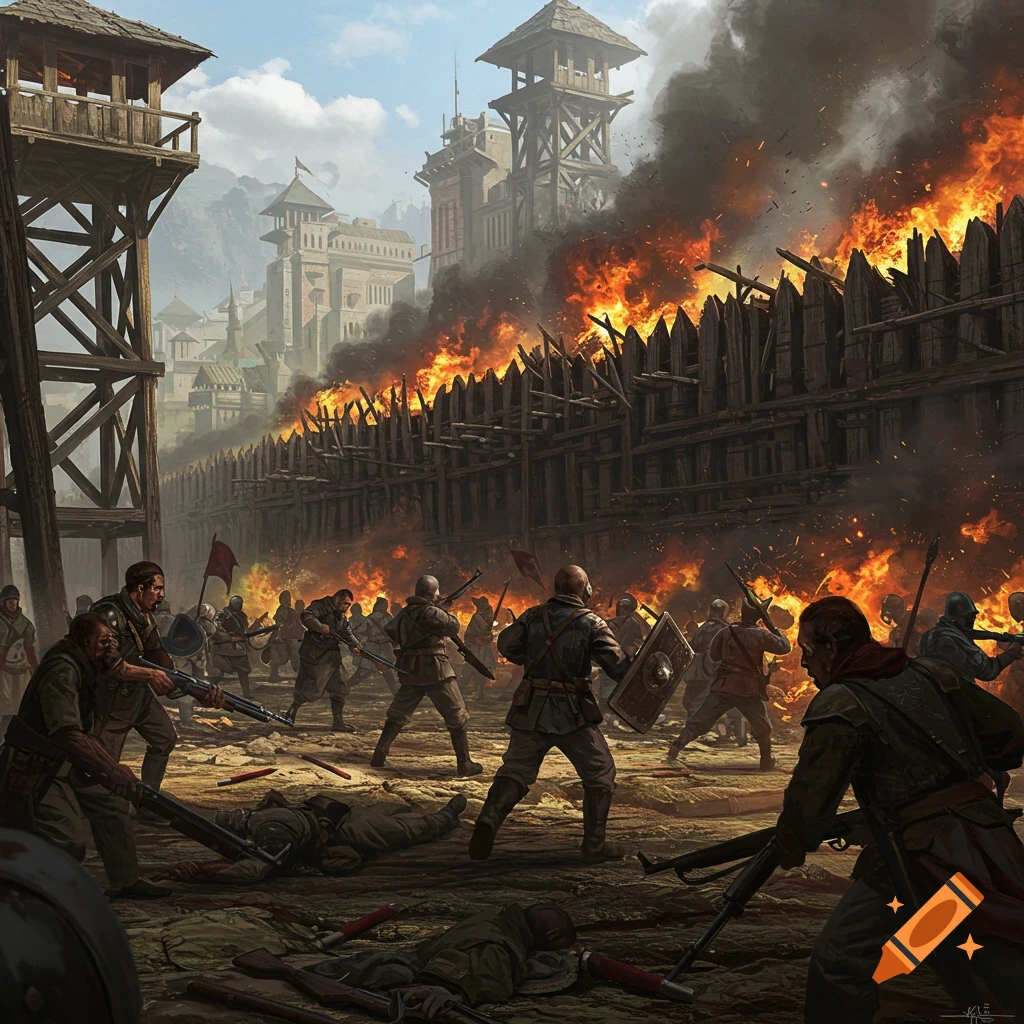 soldiers attacking a burning wooden fort during a battle