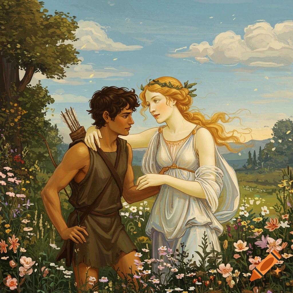 A mythological couple embracing in a field of flowers.