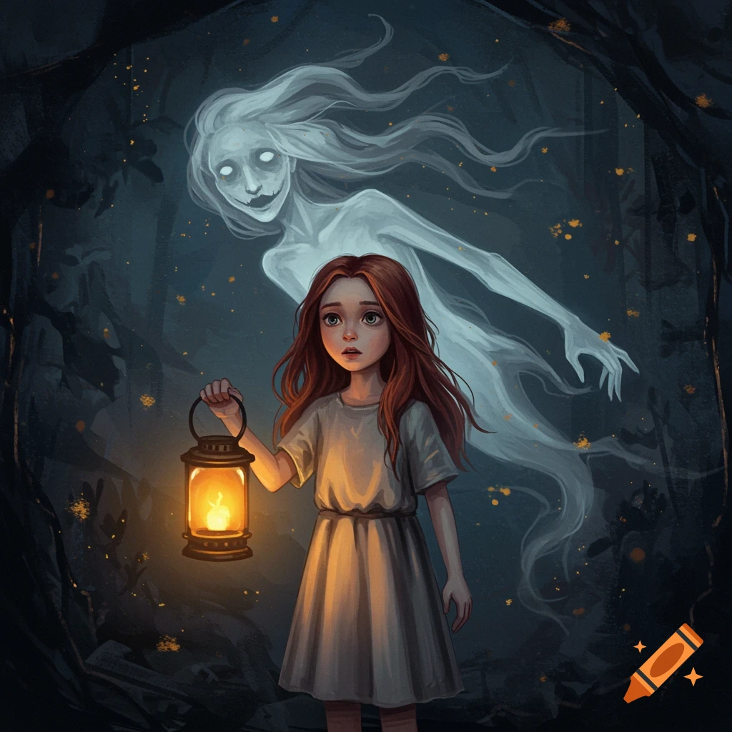 A girl with a lantern and a ghost in a dark forest.