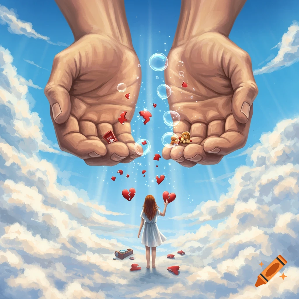 Large hands are reaching from the sky towards a girl on clouds, dropping broken hearts and toys.