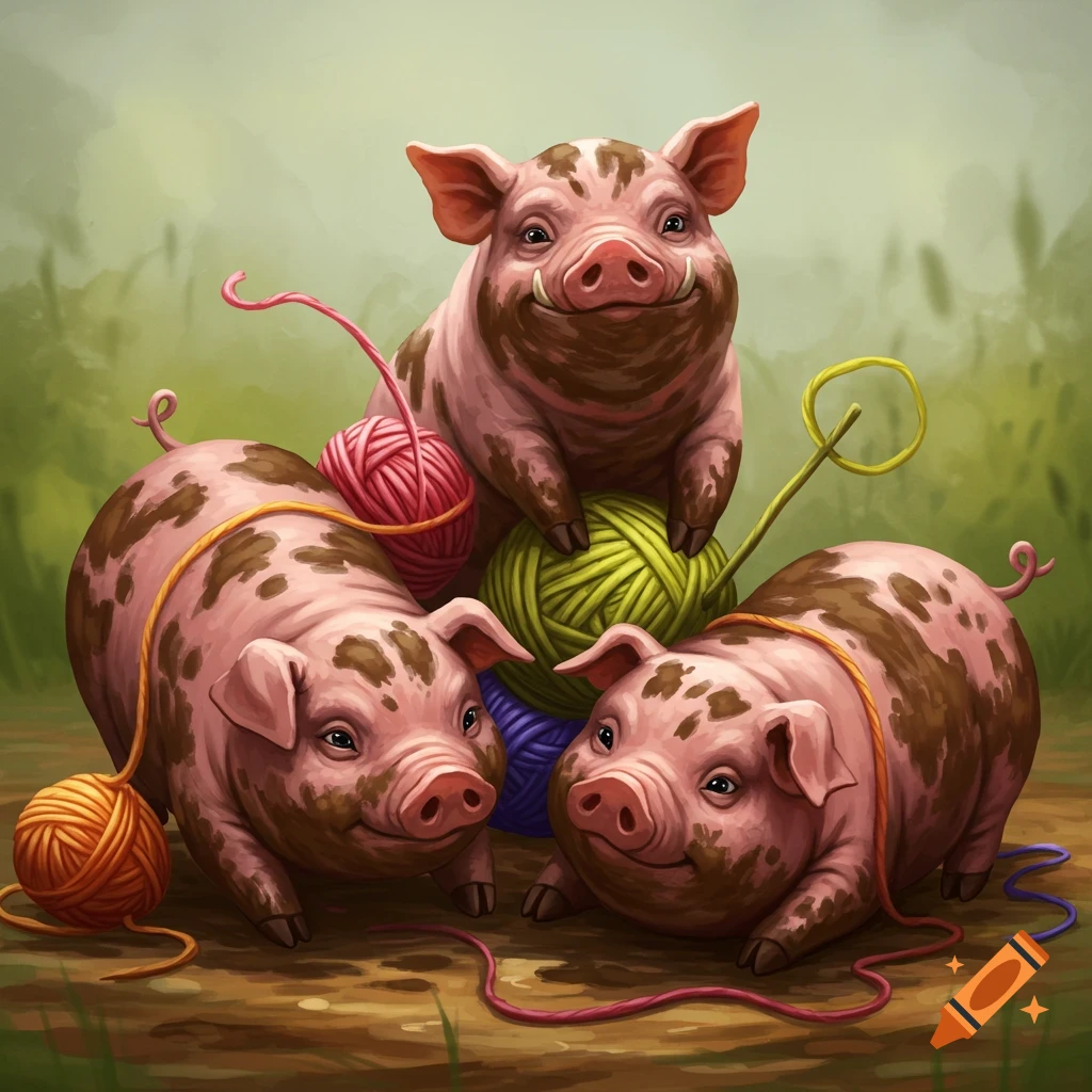 Three muddy pigs are playing with colorful yarn.