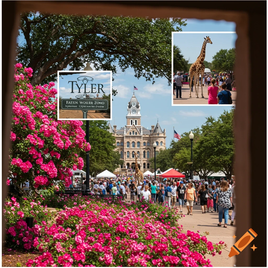 Lively city park scene with pink flowers, crowd, giraffe, and courthouse, viewed through a frame.