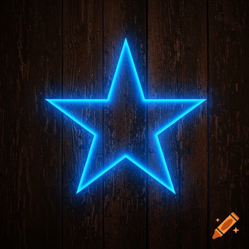A glowing blue star symbol on a dark wooden background